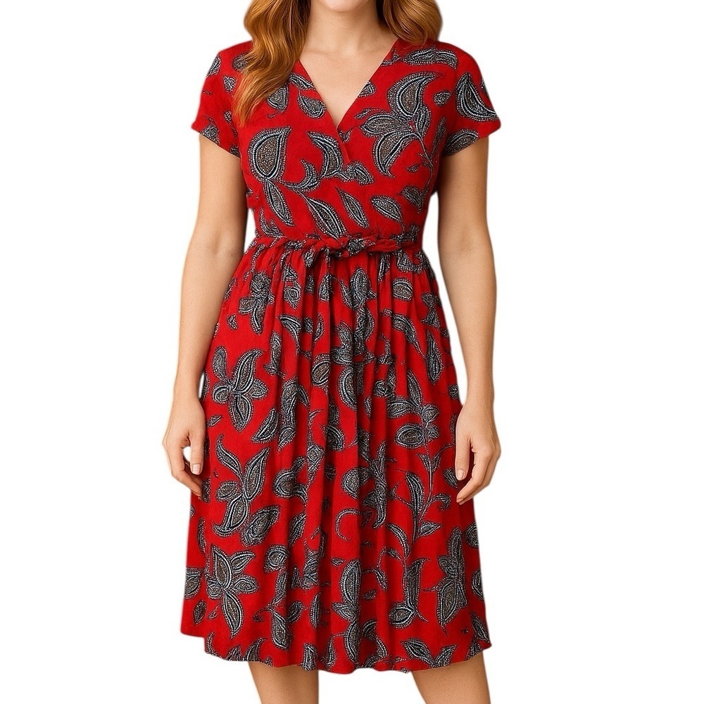 Maggy London 10 Red Faux Wrap Tie Midi Length Dress